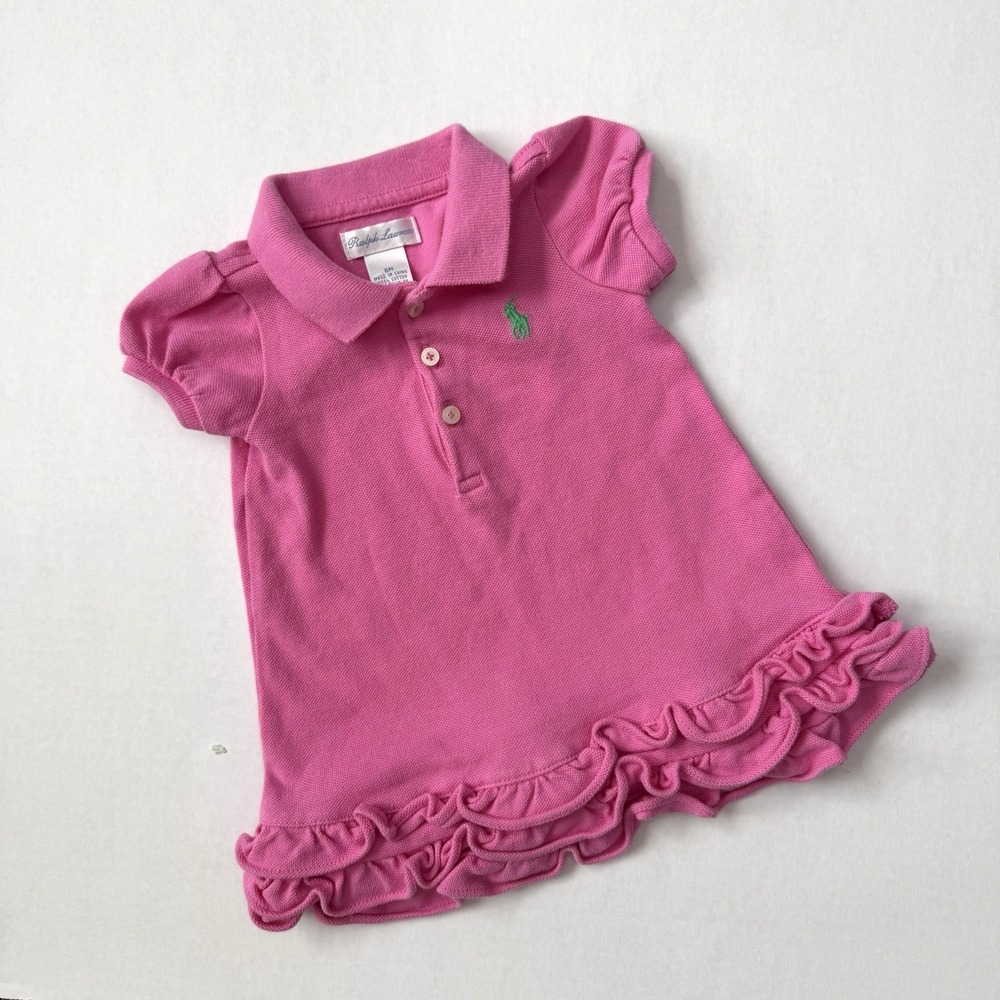 Ralph Lauren Pique Polo Dress Pink 6M Ruffle Hem Preppy Spring Easter Baby Girl